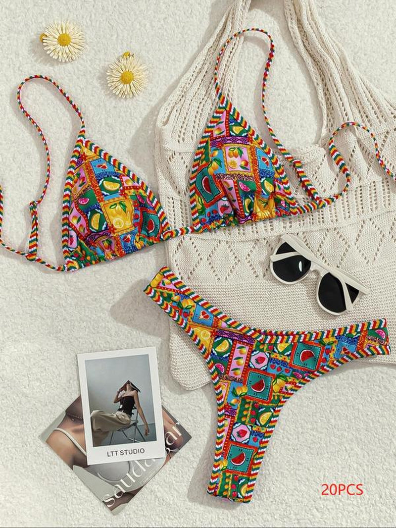 Women'S Leopard & Fruits Print Bikini Set, Casual Fashion Chic Swimwear Set for Beach Holiday Vacation, Ladies Swimsuit for All Seasons, Bikinis Sets, Bikini Outfits, Bathing Suits