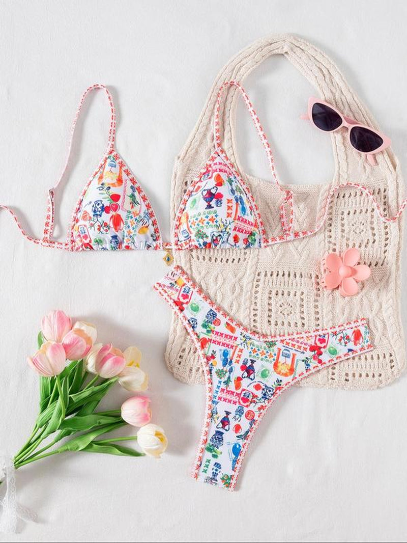 Women'S Leopard & Fruits Print Bikini Set, Casual Fashion Chic Swimwear Set for Beach Holiday Vacation, Ladies Swimsuit for All Seasons, Bikinis Sets, Bikini Outfits, Bathing Suits