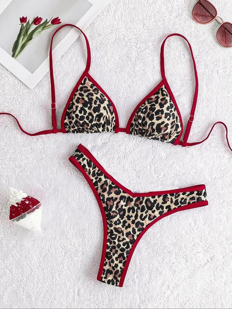 Women'S Leopard & Fruits Print Bikini Set, Casual Fashion Chic Swimwear Set for Beach Holiday Vacation, Ladies Swimsuit for All Seasons, Bikinis Sets, Bikini Outfits, Bathing Suits