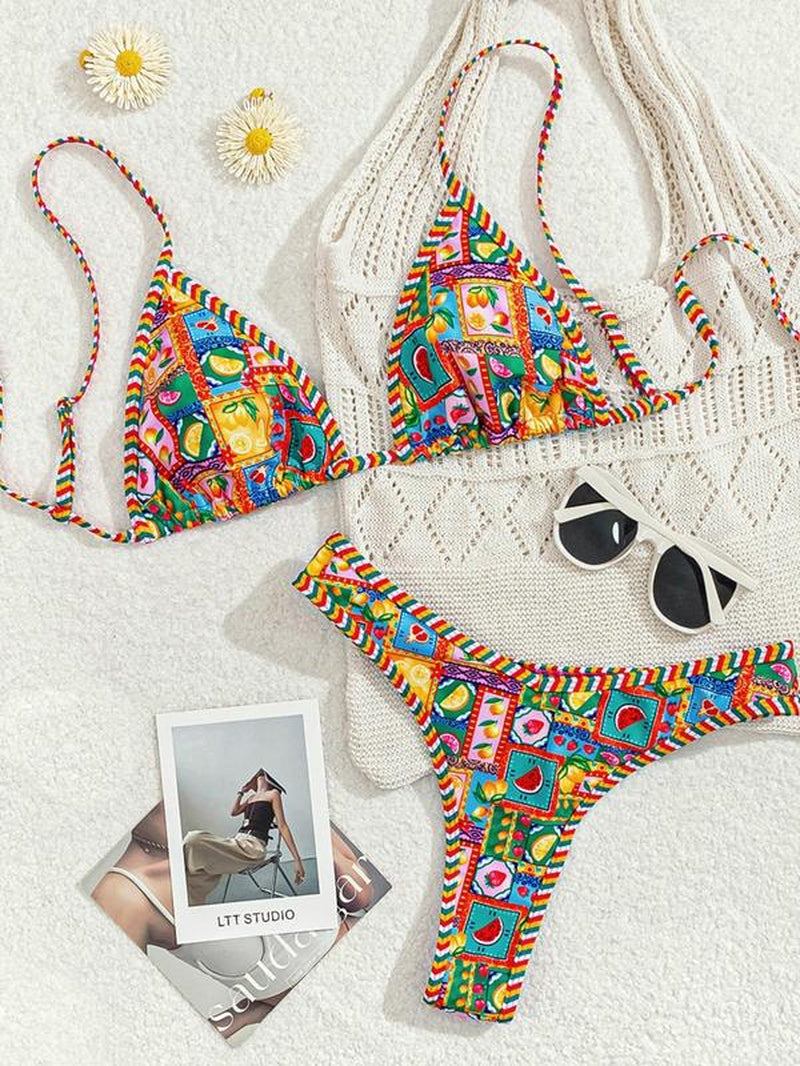 Women'S Leopard & Fruits Print Bikini Set, Casual Fashion Chic Swimwear Set for Beach Holiday Vacation, Ladies Swimsuit for All Seasons, Bikinis Sets, Bikini Outfits, Bathing Suits