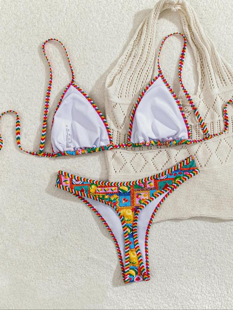 Women'S Leopard & Fruits Print Bikini Set, Casual Fashion Chic Swimwear Set for Beach Holiday Vacation, Ladies Swimsuit for All Seasons, Bikinis Sets, Bikini Outfits, Bathing Suits